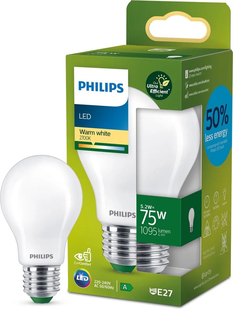 E27 LED-pære A60 5,2 W 1095lm 2.700 K mat fra Philips – produktbillede