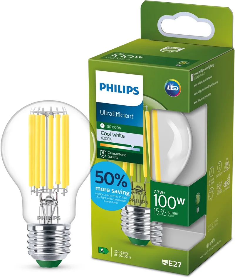 E27 LED-pære A60 7,3 W 1535lm 4.000 K klar fra Philips – produktbillede