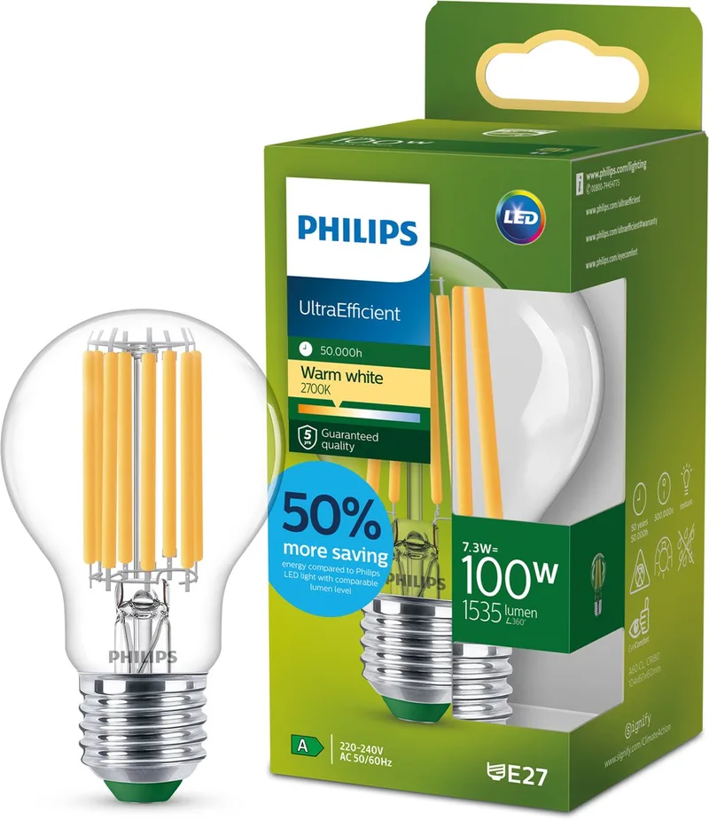 E27 LED-lampa A60 7,3W 1535lm 2 700K klar från Philips – produktbild