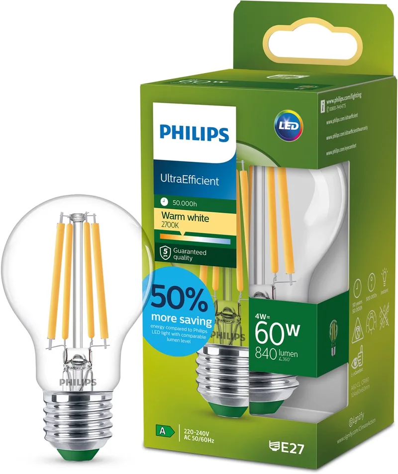 E27 LED-pære A60 4 W 840lm 2.700 K klar fra Philips – produktbillede