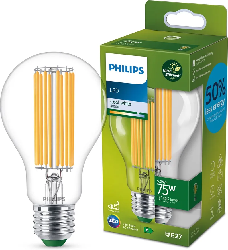 Ultra Efficient LED lamp Transparant - 75 W - E27 - Koelwit licht von Philips – Produktfoto