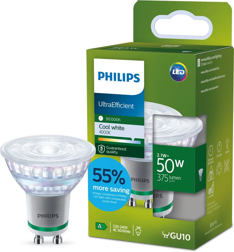 GU10 LED-reflektor 2,1 W 375lm 4.000 K fra Philips – produktbillede