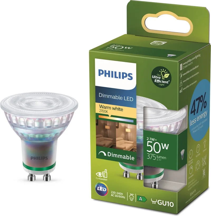 Ultra Efficient LED spot - 50W - GU10 - Warmwit licht - Dimbaar från Philips – produktbild