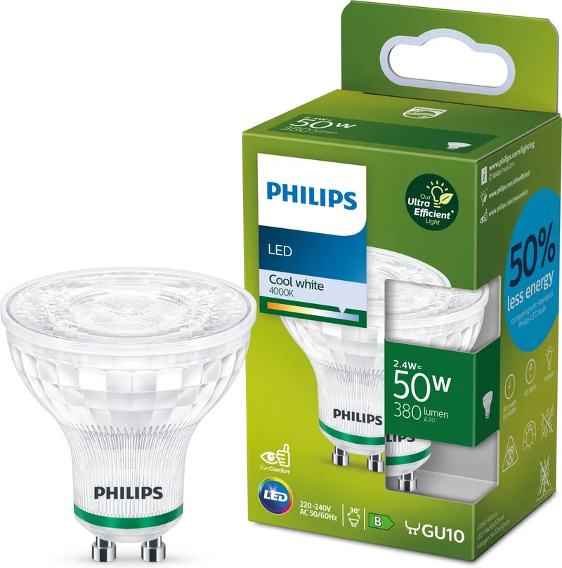 Ultra Efficient LED spot GU10 - 2.4W(50W) - GU10 - 4000K Koelwit licht - 380 lumen de Philips – photo produit