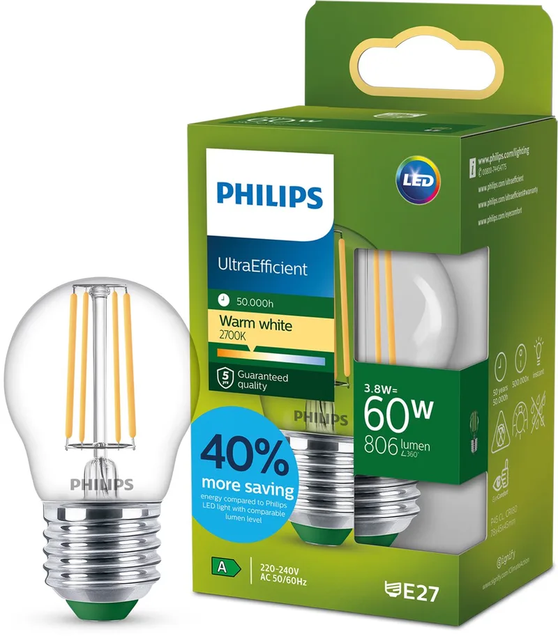 UltraEfficient LED lamp - 25W - E14 fitting - Warmwit licht: 2700K - Mat glas - P45 kogellamp - Lange levensduur fra Philips – produktbillede