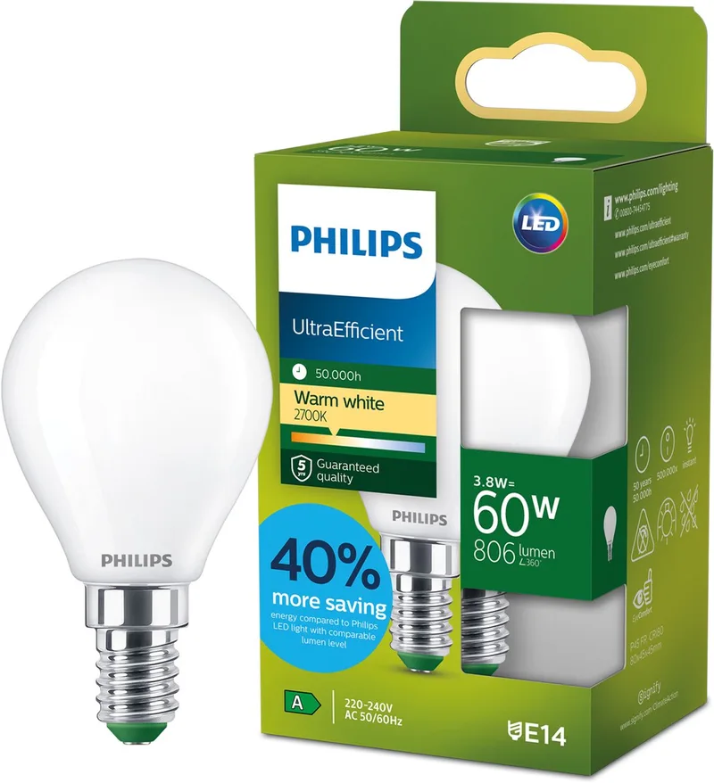 UltraEfficient LED lamp - 25W - E14 fitting - Warmwit licht: 2700K - Helder glas - P45 kogellamp - Lange levensduur från Philips – produktbild