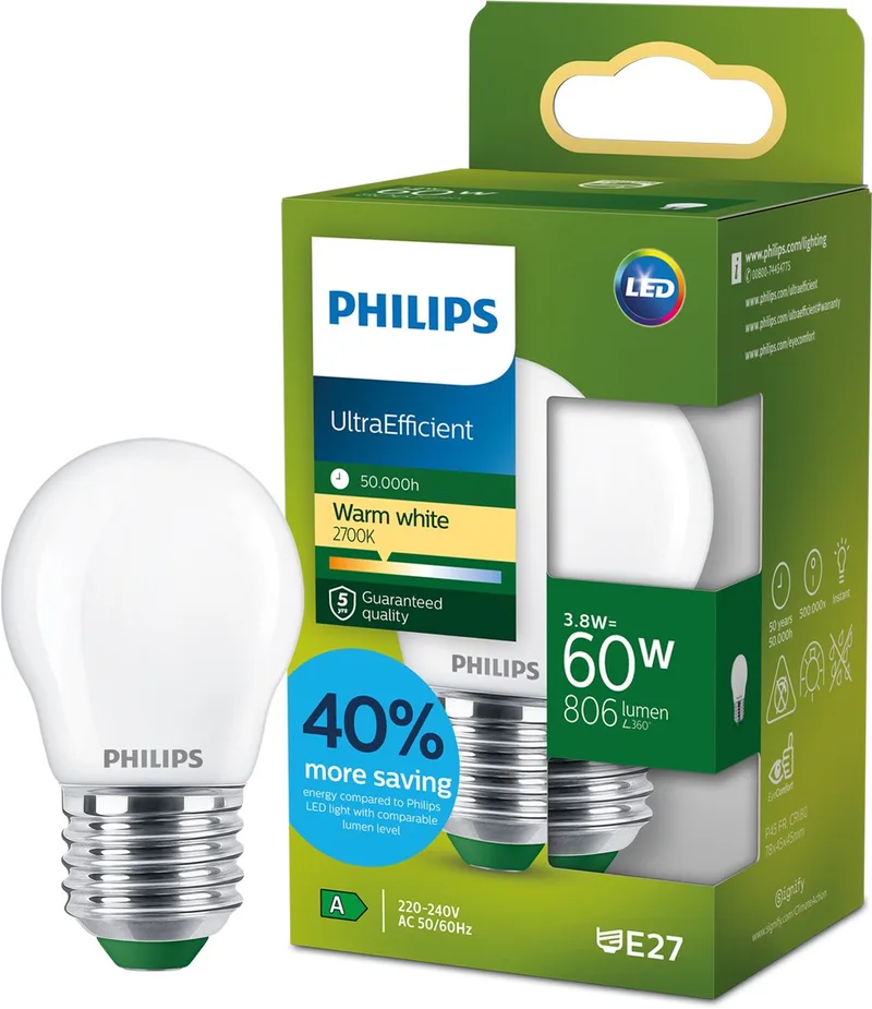 UltraEfficient LED lamp - 25W - E27 fitting - Warmwit licht: 2700K - Helder glas - P45 kogellamp - Lange levensduur från Philips – produktbild