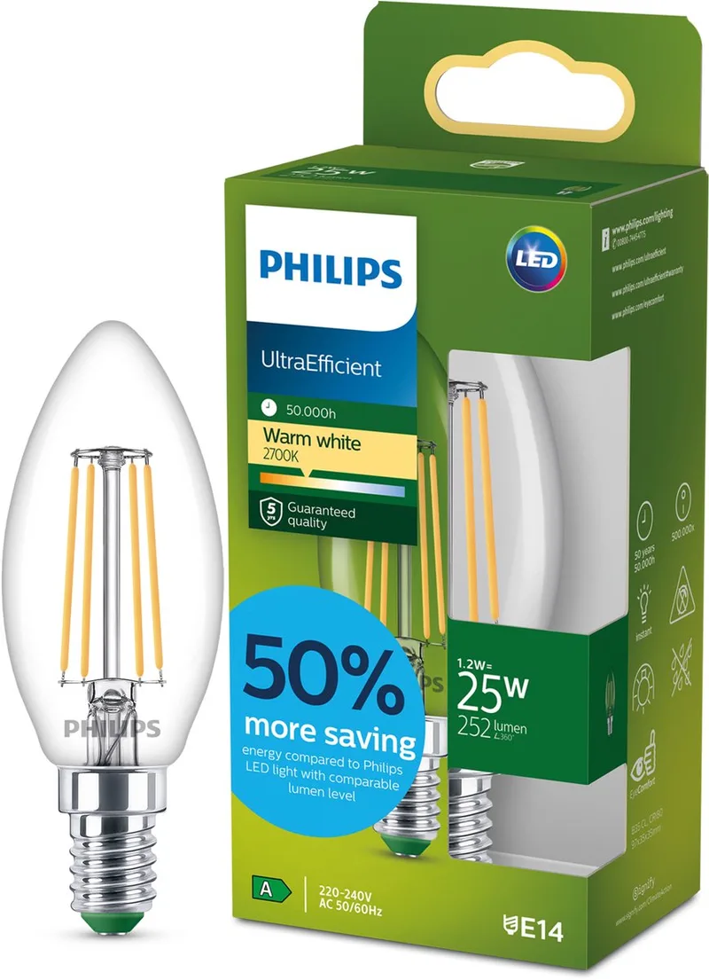 UltraEfficient LED lamp - 25W - E27 fitting - Warmwit licht: 2700K - Mat glas - P45 kogellamp - Lange levensduur fra Philips – produktbillede