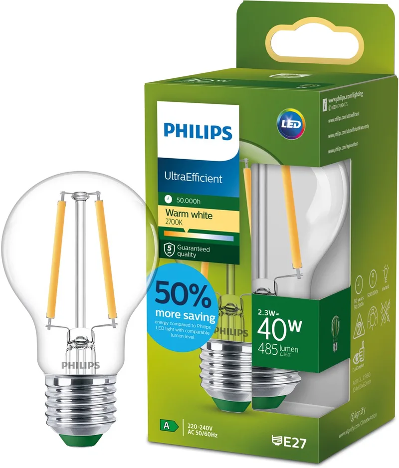 UltraEfficient LED lamp - 40W - E27 fitting - Warmwit licht: 2700K - Dimbaar - Mat glas - A60 lampvorm - Lange levensduur fra Philips – produktbillede