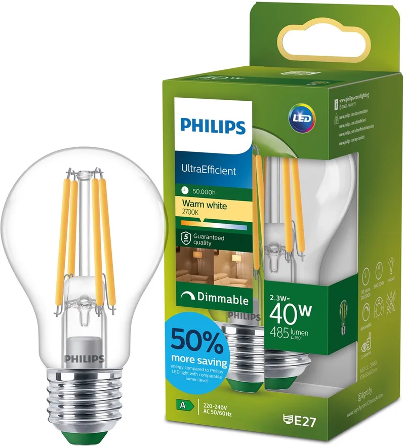 UltraEfficient LED lamp - 40W - E27 fitting - Warmwit licht: 2700K - Dimbaar - Helder glas - A60 lampvorm - Lange levensduur från Philips – produktbild