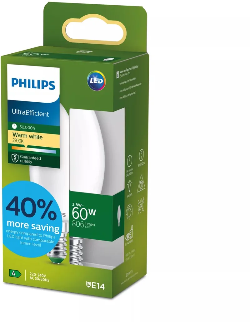 UltraEfficient LED lamp - 60W - E14 fitting - Warmwit licht: 2700K - Mat glas - B35 kaarslamp - Lange levensduur van Philips – productfoto