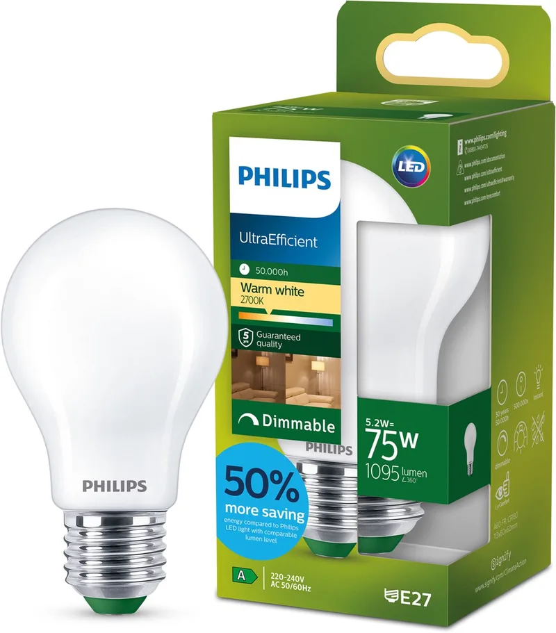 UltraEfficient LED lamp - 60W - E14 fitting - Warmwit licht: 2700K - Helder glas - P45 kogellamp - Lange levensduur de Philips – photo produit