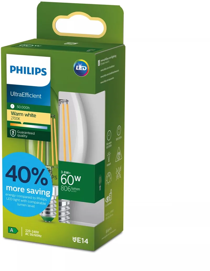 UltraEfficient LED lamp - 60W - E14 fitting - Warmwit licht: 2700K - Helder glas - B35 kaarslamp - Lange levensduur de Philips – photo produit