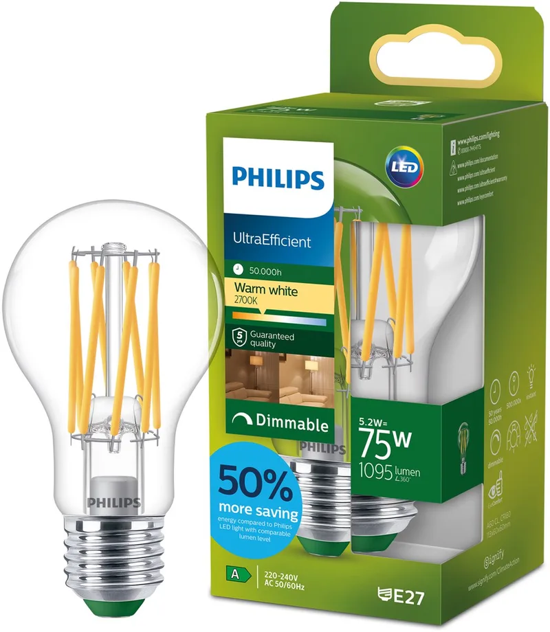 UltraEfficient LED lamp - 60W - E27 fitting - Warmwit licht: 2700K - Mat glas - P45 kogellamp - Lange levensduur de Philips – photo produit