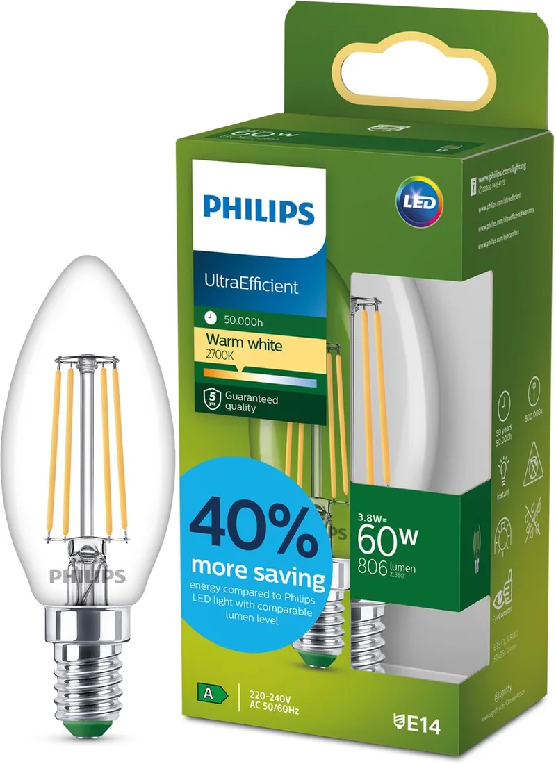 UltraEfficient LED lamp - 60W - E27 fitting - Warmwit licht: 2700K - Mat glas - P45 kogellamp - Lange levensduur by Philips – product photo