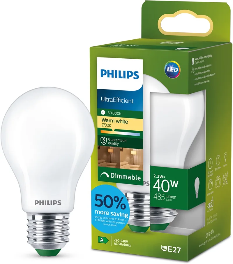 UltraEfficient LED lamp - 60W - E27 fitting - Warmwit licht: 2700K - Helder glas - P45 kogellamp - Lange levensduur de Philips – photo produit