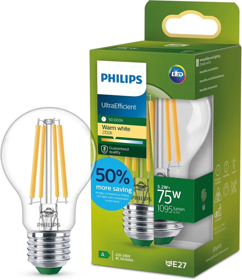 UltraEfficient LED lamp - 75W - E27 fitting - Warmwit licht: 2700K - Dimbaar - Mat glas - A60 lampvorm - Lange levensduur fra Philips – produktbillede