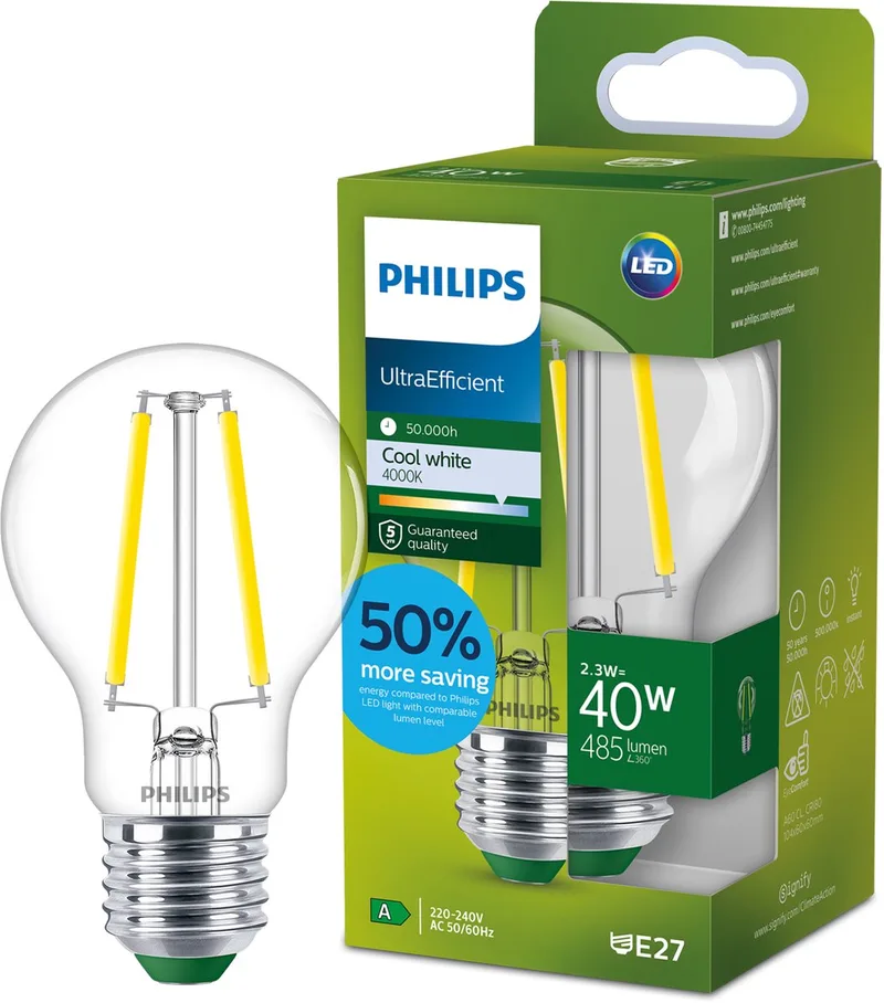 UltraEfficient LED lamp - 75W - E27 fitting - Warmwit licht: 2700K - Dimbaar - Helder glas - A60 lampvorm - Lange levensduur van Philips – productfoto