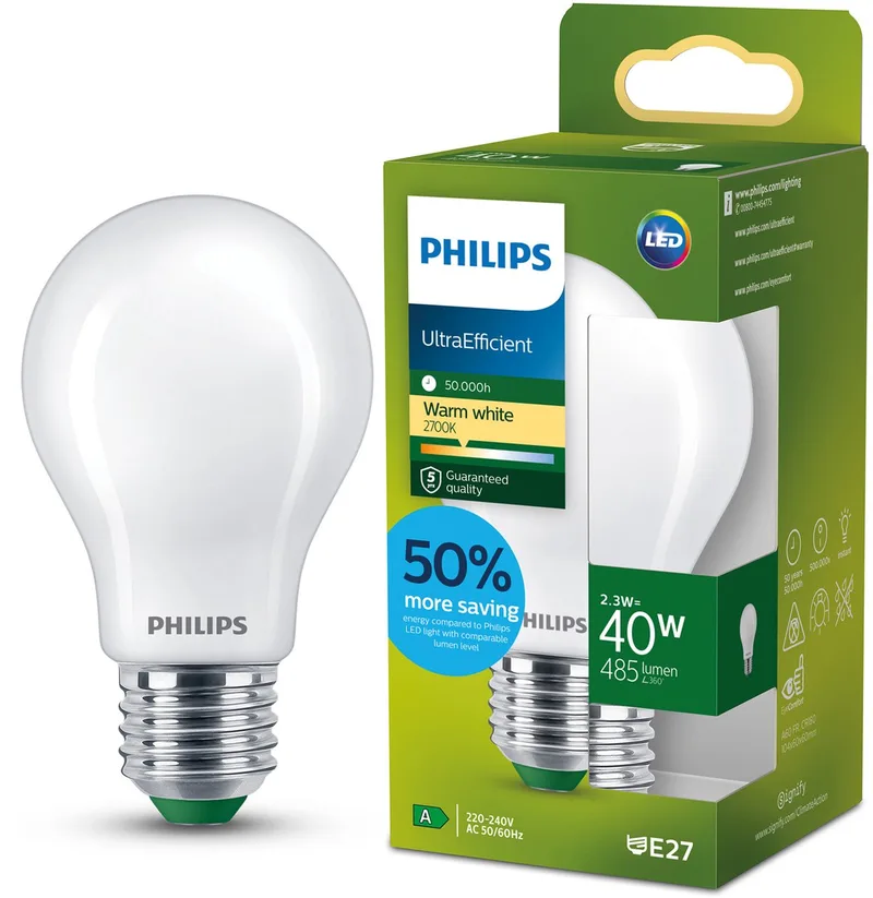 UltraEfficient LED lamp - Mat - 40W - E27 fitting - Warmwit licht: 2700K - Bespaar op energiekosten van Philips – productfoto