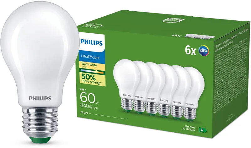 LED-Lampe Ultra Efficient A60 4W827 60W Frosted 6-pack E27 von Philips – Produktfoto