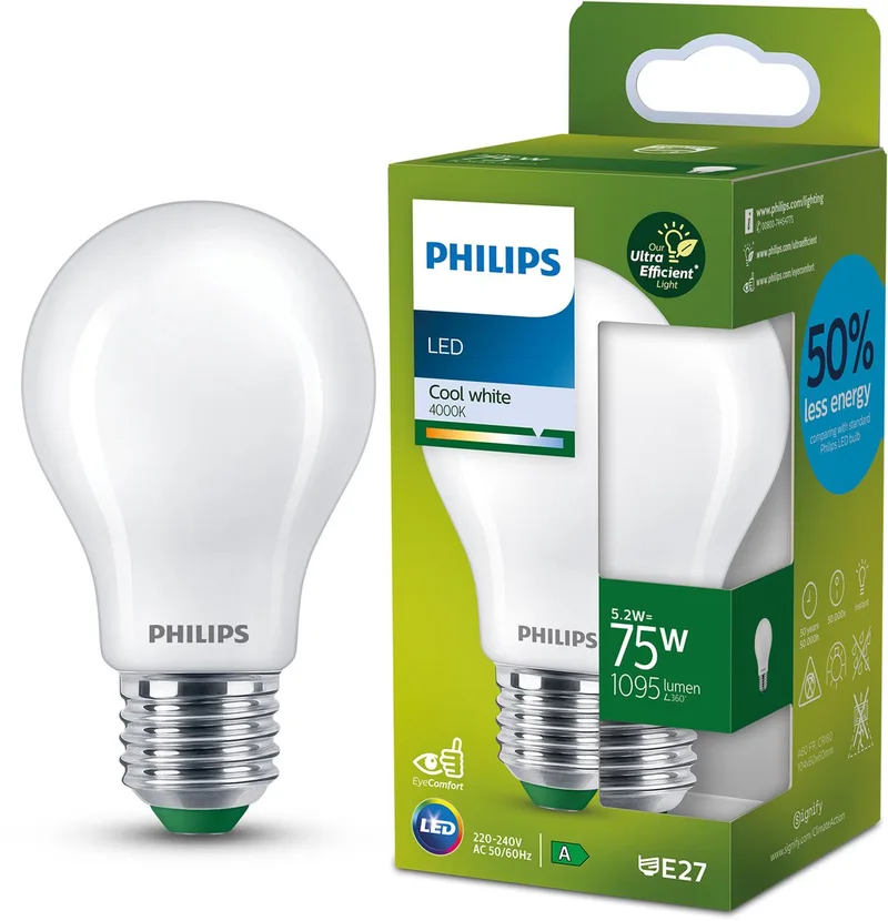 UltraEfficient LED lamp - Mat - 75W - E27 fitting - Koelwit licht: 4000K - Bespaar op energiekosten by Philips – product photo