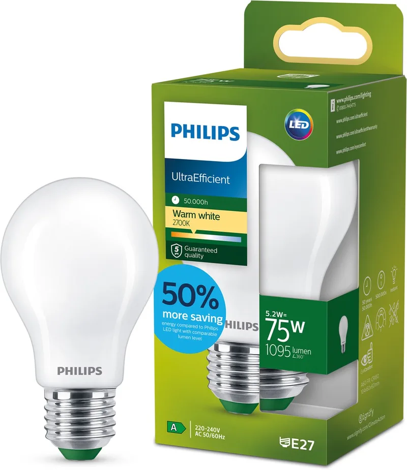 UltraEfficient LED lamp - Mat - 75W - E27 fitting - Warmwit licht: 2700K - Bespaar op energiekosten by Philips – product photo