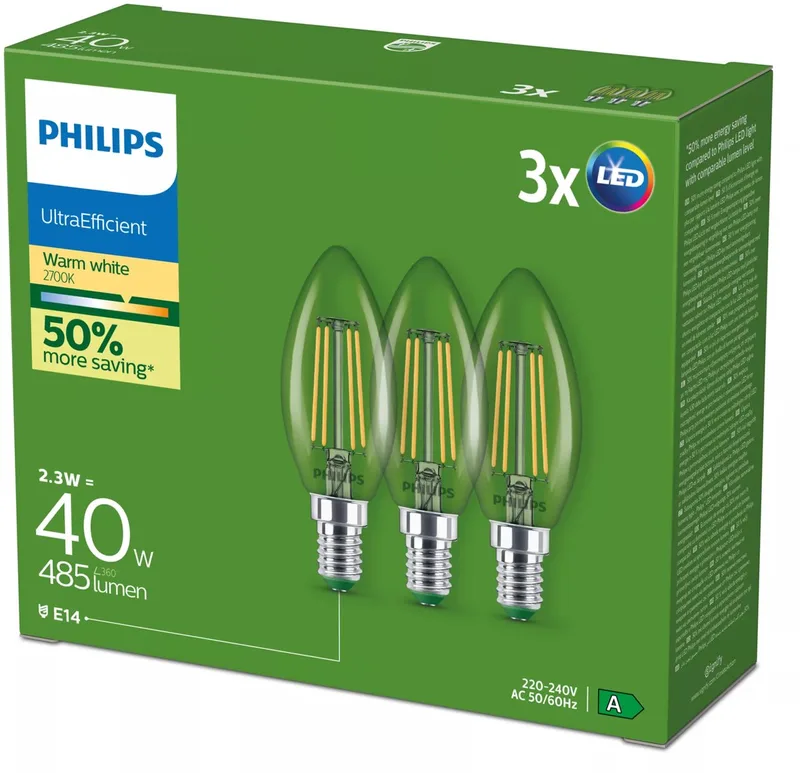 LED-pære E14 B35 2,3W 485lm 2700K filament 3-pak fra Philips – produktbillede