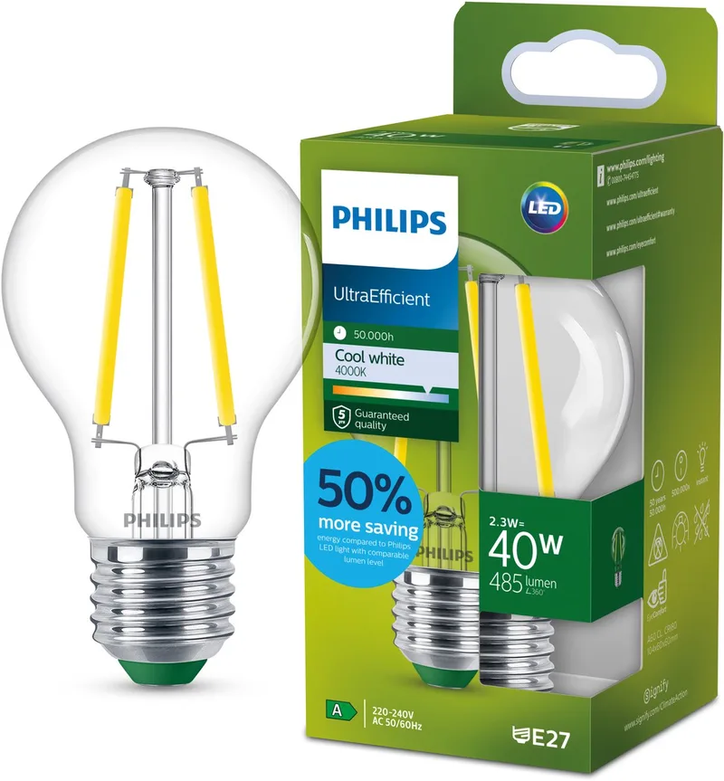E27 LED-pære A60 2,3 W 485lm 4.000 K klar fra Philips – produktbillede