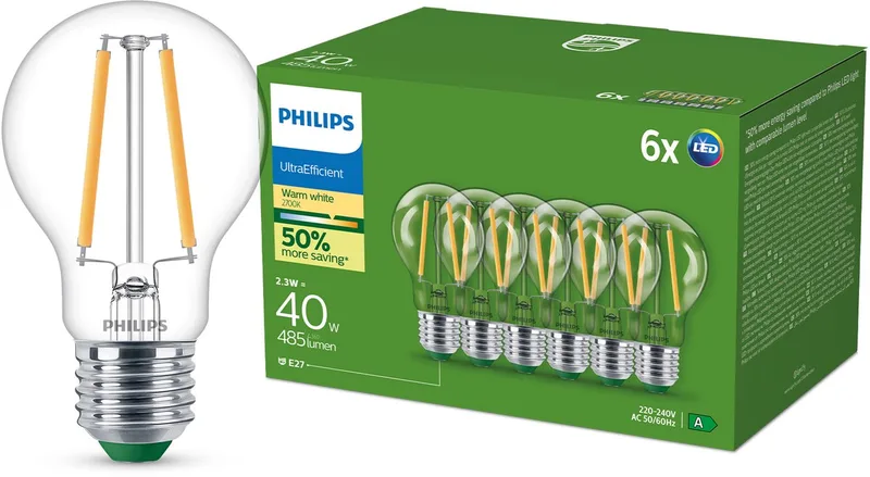UltraEfficient LED lamp Transparant - 40W - E27 fitting - Warmwit licht; 2700K - Ultra Efficiënt: Energielabel A - 6-pack från Philips – produktbild