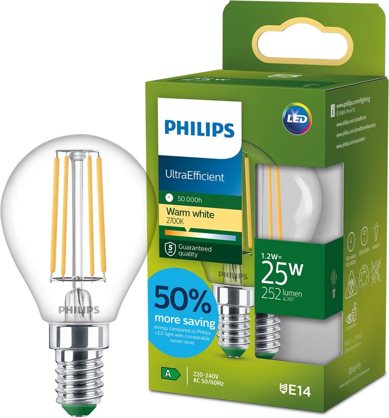 E27 LED-pære A60 2,3 W 485lm 2.700 K klar fra Philips – produktbillede