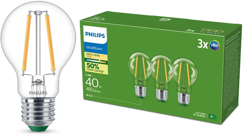 UltraEfficient LED lamp Transparant - 40W - E27 fitting - Warmwit licht; 2700K - Ultra Efficiënt: Energielabel A - 3-pack från Philips – produktbild