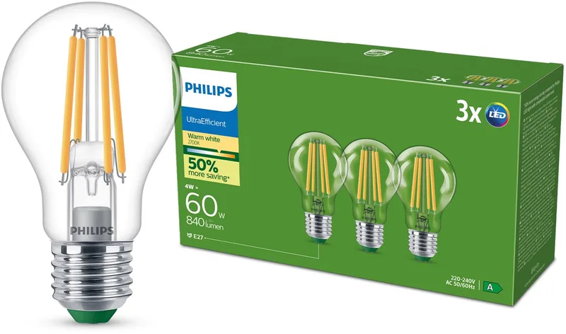 Philips 8720169283886 LED CEE A (A - G) E27 4 W = 60 W blanc chaud 3 pc(s) de Philips – photo produit