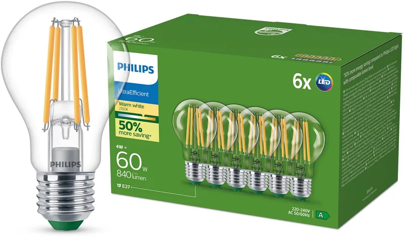 E27 LED-pære A60 4 W 840 lm 2700 K glødetråd, 6-pak fra Philips – produktbillede