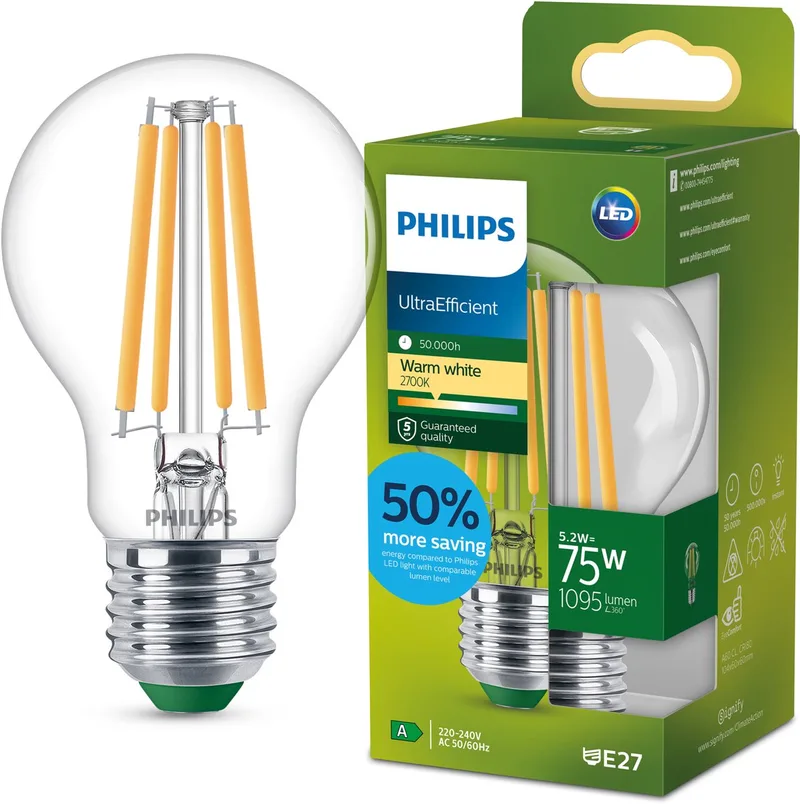 E27 LED-lampa A60 5,2W 1095lm 2 700K klar från Philips – produktbild