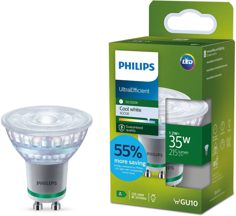 UltraEfficient LED spot - 35W - GU10 fitting - Koelwit licht: 4000K - Verbruikt slechts 1.2 Watt - Bespaar op energiekosten by Philips – product photo