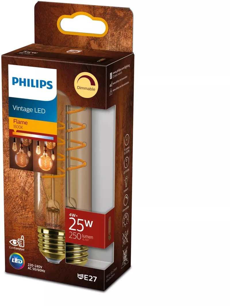 Vintage LED - Dimbare lamp - 25W - Extra warmwit licht: 1800K - E27 fitting - Amberkleurig glas - Lampvorm: T32 de Philips – photo produit