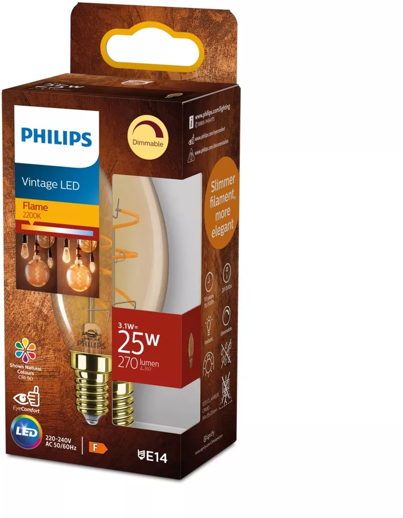 Vintage LED - Dimbare lamp - 25W - Extra warmwit licht: 2200K - E14 fitting - Amberkleurig glas - Kaarslamp by Philips – product photo