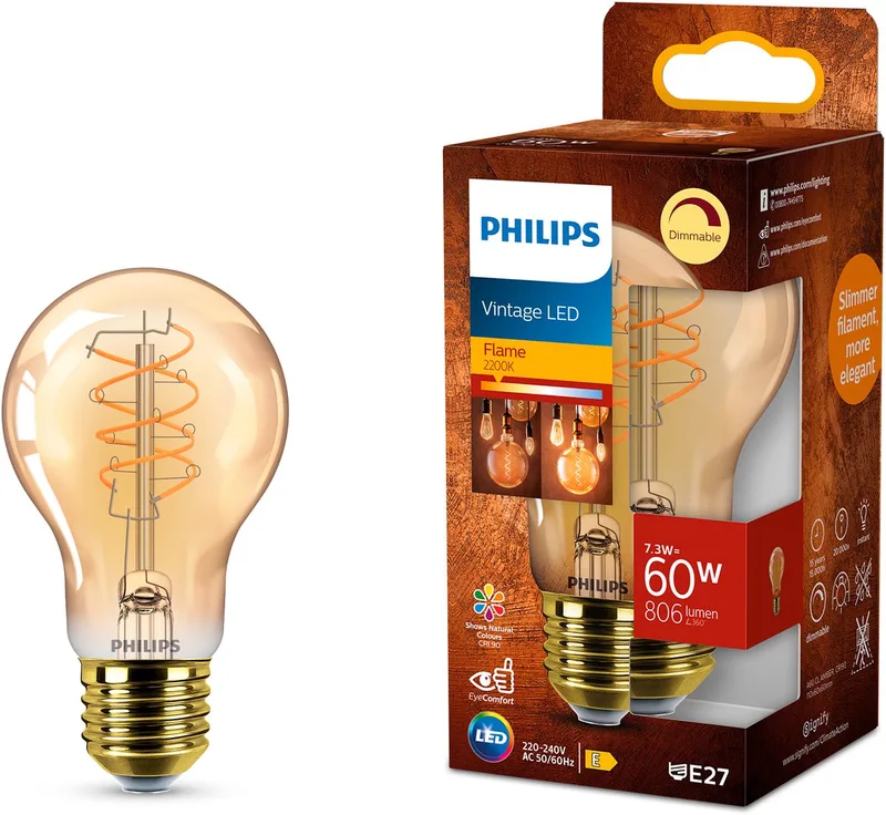 Vintage LED - Dimbare lamp - 60W - Extra warmwit licht: 2200K - E27 fitting - Amberkleurig glas - Standaard lampvorm de Philips – photo produit