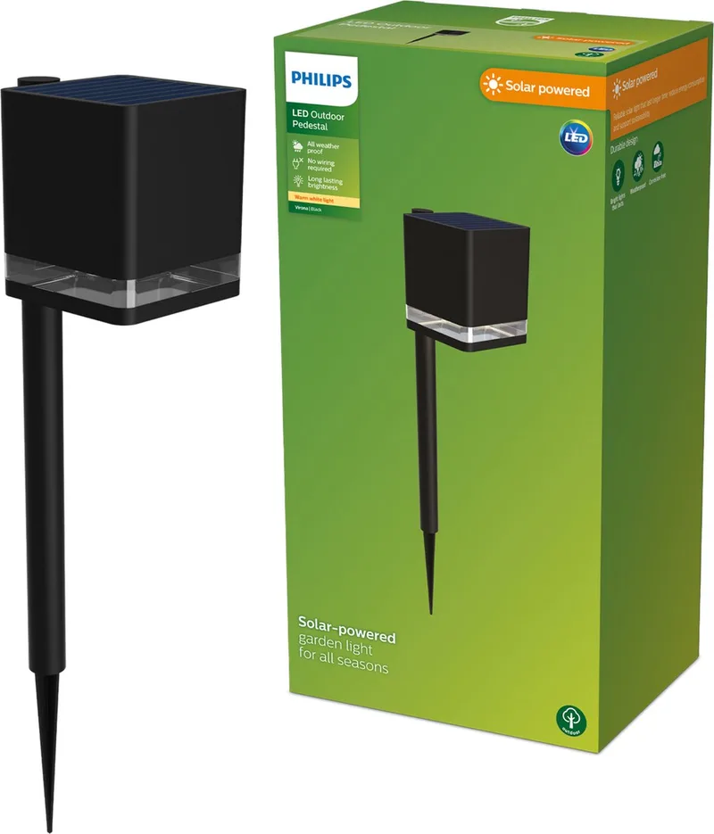 Virona sokkellamp met spies - Solar buitenlamp - Warm wit licht; 2700K - Zonne-energie - tuinpadverlichting de Philips en Noir – photo produit