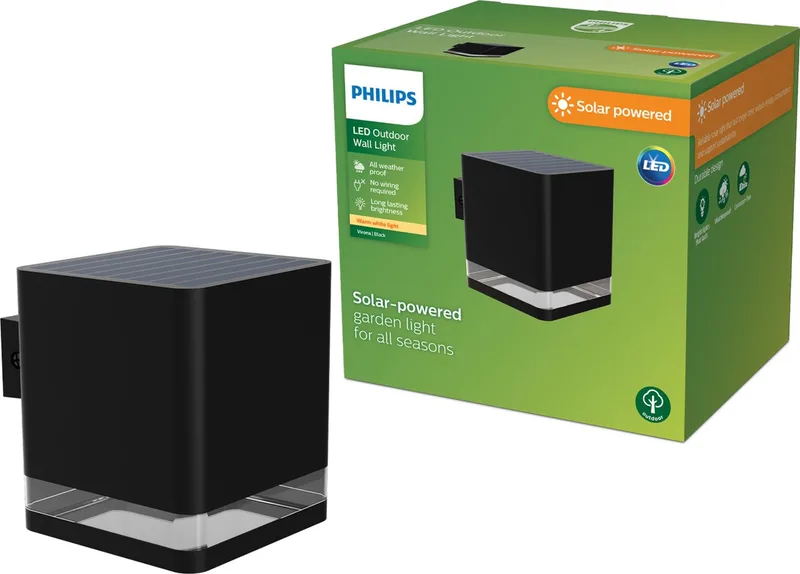 Virona wandlamp - Solar buitenlamp - Warm wit licht; 2700K - Zonne-energie fra Philips i Sort – produktbillede