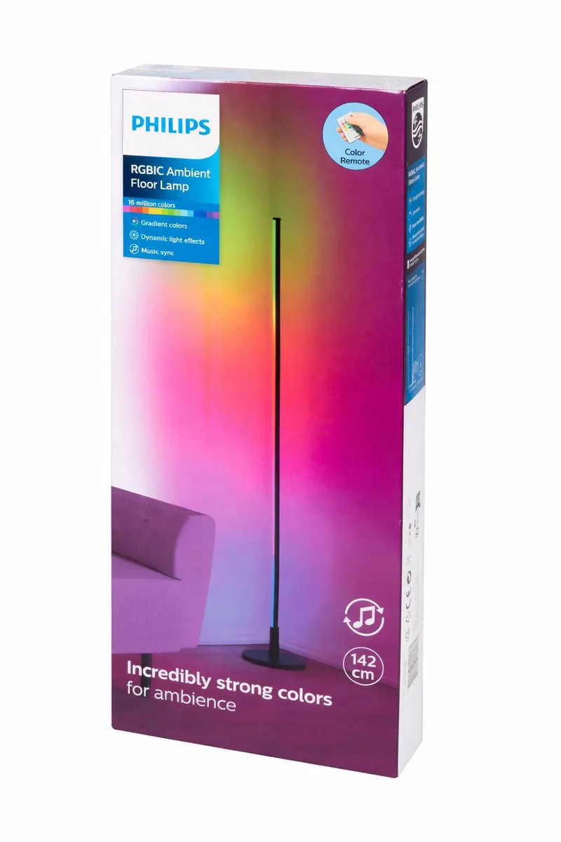 vloerlamp 140 cm - RGBIC-technologie: meerdere kleuren tegelijk voor een gaaf effect - Synchroniseert op je muziek - Inclusief afstandbediening van Philips in Meerkleurig – productfoto