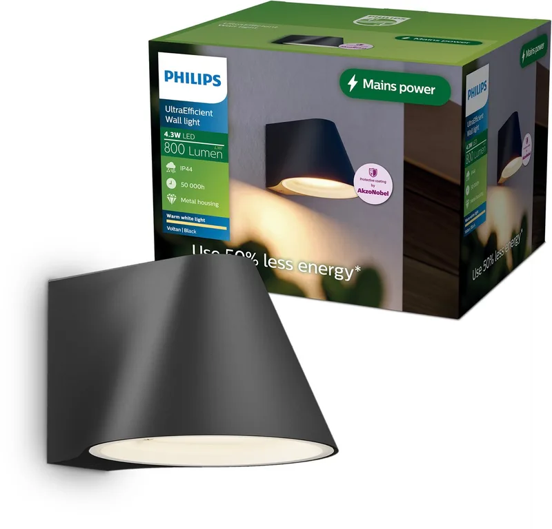 Voltan UltraEfficient Wandlamp - Buitenlamp - Warmwit licht: 2700K - Weerbestendig: IP44 - 4.3W by Philips in Black – product photo