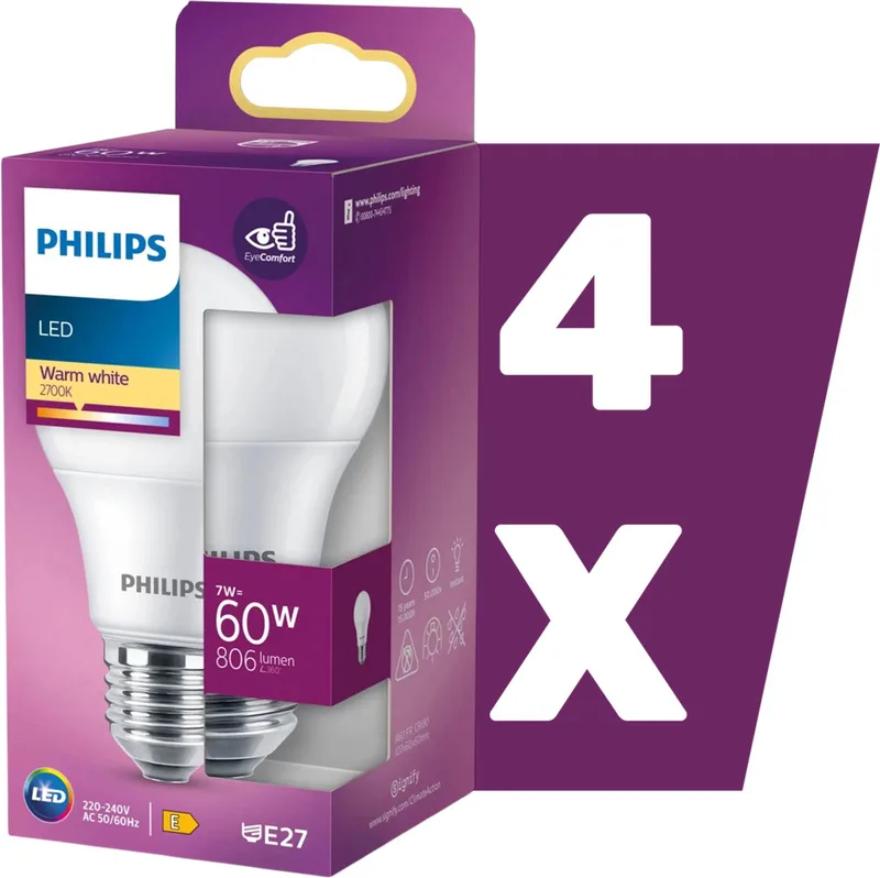 Voordeelpack 4x Philips LED lamp 7W 806lm 2700K Mat Niet-Dimbaar | E27 | Extra Warm Wit | 7 watt | 15.000 Branduren de Philips – photo produit