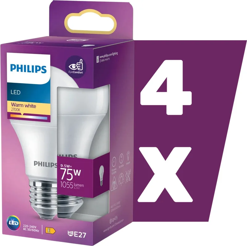 Voordeelpack 4x Philips LED lamp 9.5W 1055lm 2700K Mat Niet-Dimbaar | E27 | Extra Warm Wit | 9.5 watt | 15.000 Branduren by Philips – product photo