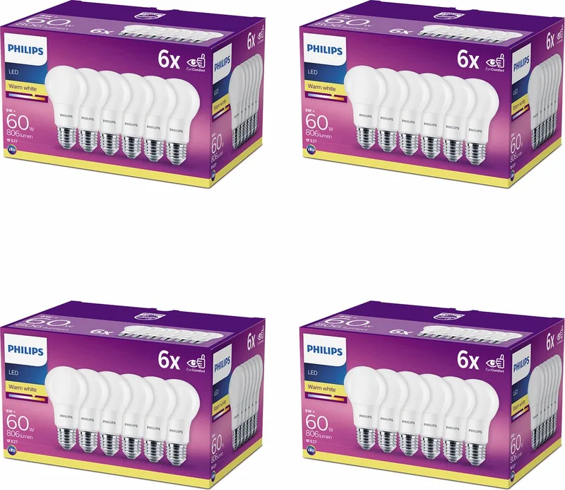 Voordeelverpak 24 stuks - E27 - LED Standaardlamp - Mat - 60W - Warmwit Licht - Niet dimbaar- Bespaar op energie! by Philips – product photo