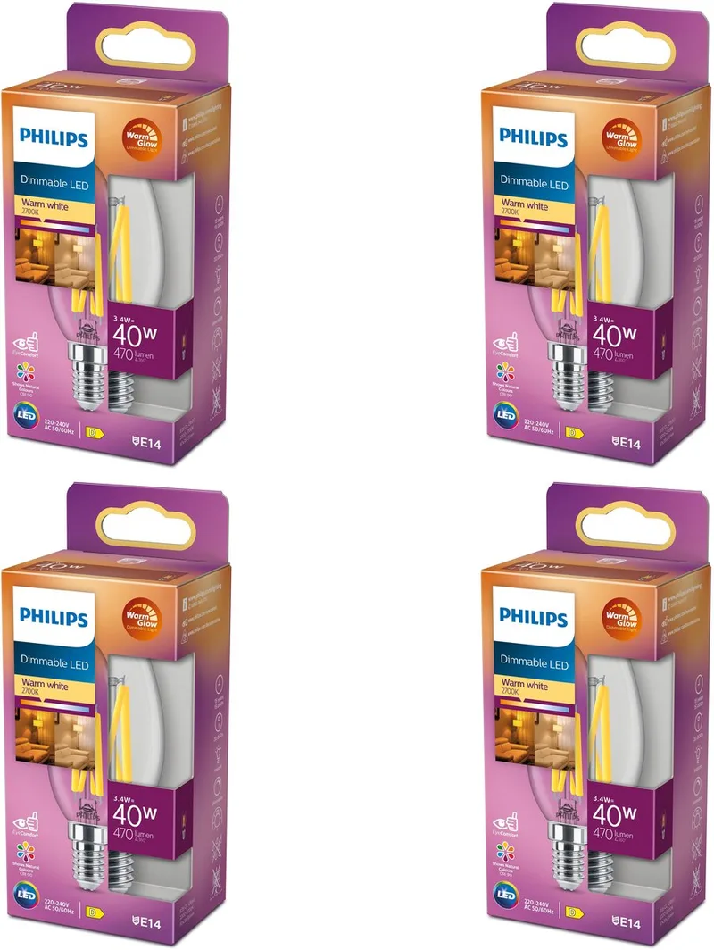Voordeelverpakking - E14 - LED Kaarslamp - Helder - 40W - Dimbaar - Warmwit Licht - Set van 4 Stuks van Philips – productfoto