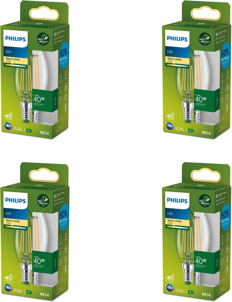 Voordeelverpakking - E14 - LED Kaarslamp - Helder - 40W - Niet Dimbaar - Warmwit Licht - Set van 4 Stuks von Philips – Produktfoto