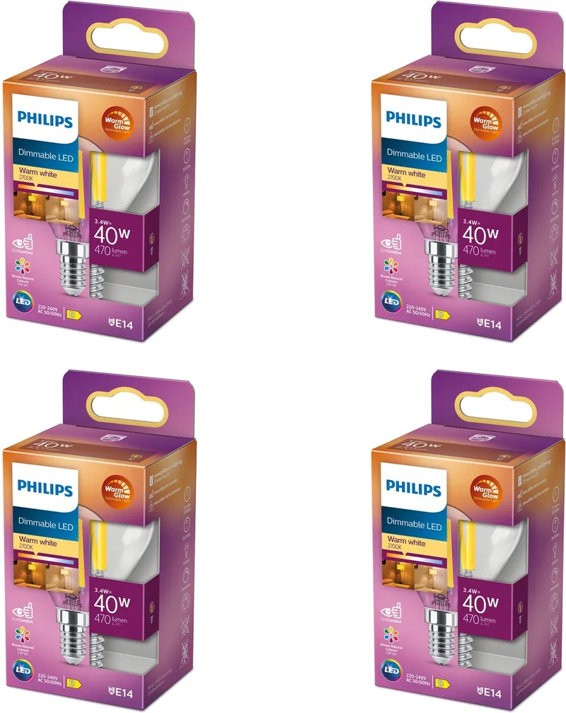 Voordeelverpakking - E14 - LED Kogellamp - Helder - 40W - Dimbaar - Warmwit Licht - Set van 4 Stuks de Philips – photo produit