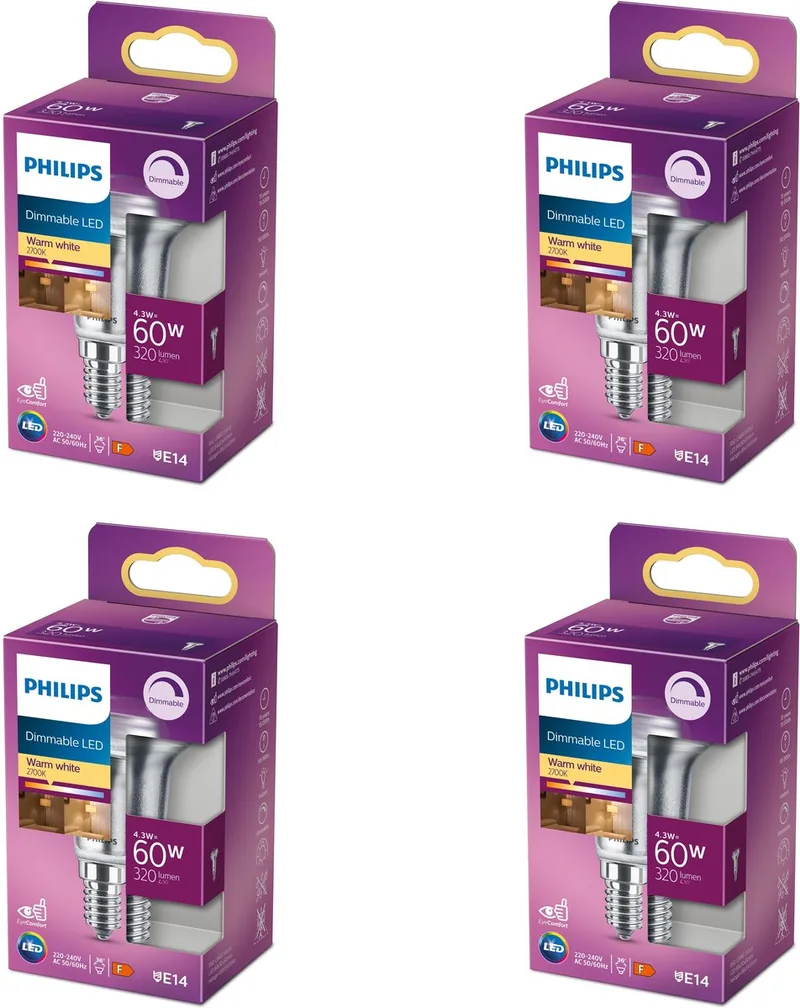 Voordeelverpakking - E14 - LED Reflectorlamp - 60W - Dimbaar - Warmwit Licht - Set van 4 Stuks fra Philips – produktbillede