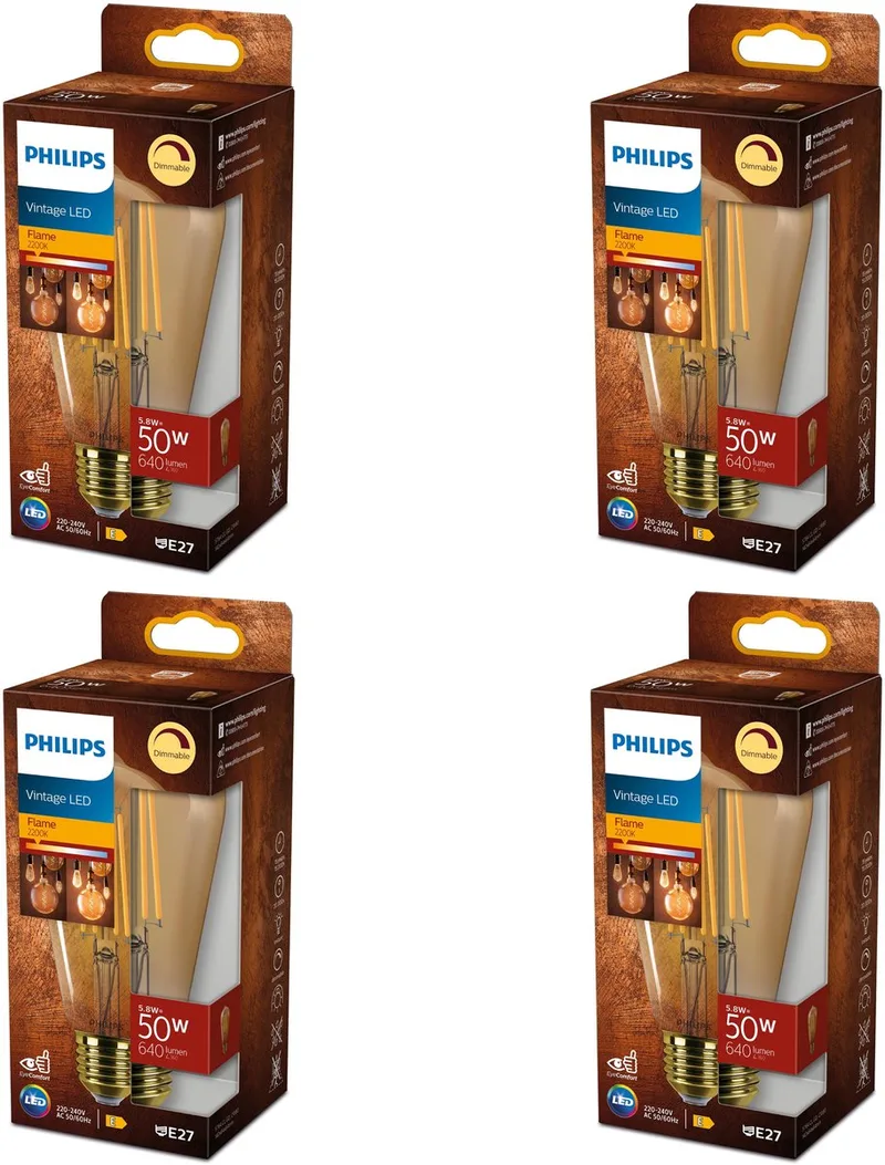 Voordeelverpakking - E27 - LED Edisonlamp - Filament - Goud - 50W - Dimbaar - Warmwit Licht - Set van 4 Stuks fra Philips – produktbillede